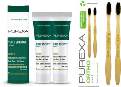 PUREXA Combo Pack of 2 Sensitive Toothpaste For Sensitivity Teeth & 2 Ortho Bamboo Charcoal Toothbrush for Braces Ultra Soft(4 Items in the set)