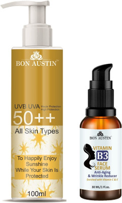 Bon Austin Broad Spectrum SPF 50++ Sunscreen 100ML & Vitamin B3 Facial Serum 30ML(2 Items in the set)
