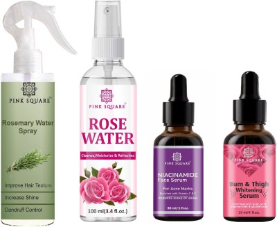 Pink Square Rosemary Spray100ml, Rosewater100ml, Niacinamide Serum 30ml & BumThigh Serum 30ml(4 Items in the set)