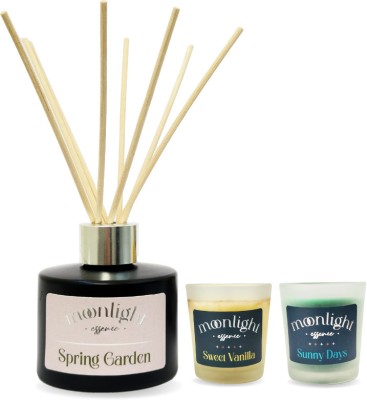 Moonlight Essence Spring Garden Reed Diffuser & Sweet Vanilla and Sunny Days Scented Candles Combo – (Floral, Vanilla, and Fresh)(2 Items in the set)