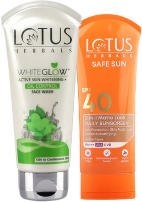 LOTUS HERBALS WhiteGlow Skin Brightening + Oil Control Facewash 100G WITH Safe Sun 3 In 1 Matte-Look Daily Sunscreen SPF 40 PA+++75G(2 Items in the set) LOTUS HERBALS WhiteGlow Skin Brightening + Oil Control Facewash 100G WITH Safe Sun 3 In 1 Matte-Look Daily Sunscreen SPF 40 PA+++75G(2 Items in the set)