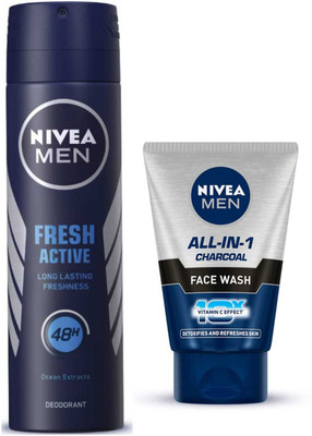 NIVEA FRESH ACTIVE DEODORANT SPARY & ALL IN ONE CHARCOAL FACE WASH 100 ML(2 Items in the set)