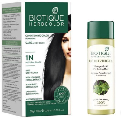 Compare BIOTIQUE Conditioning Hair Color 1N Natural Black & Bhringraj Hair  Oil 190ML (2 Items in the set) Price in India - CompareNow