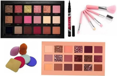 SUBHMUN Rosegold eyeshadow + Multicolor eyeshadow + 5 makeup brush + eyeliner + 2 puff + 4 Sponges(3 Items in the set)