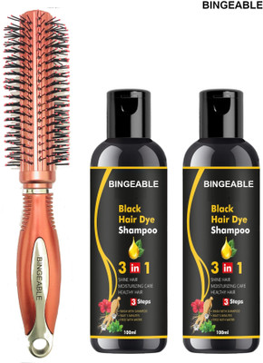 Bingeable Herbal Black Hair Dye Shampoo (Pack of 2 x 100ml) with Red Round Hair Comb(3 Items in the set)