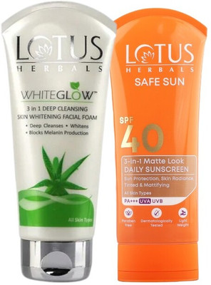 LOTUS HERBALS WhiteGlow 3 In 1 Deep Cleansing Skin Brightening Facial Foam 100G with Safe Sun 3 In 1 Matte-Look Sunscreen SPF 40 PA+++ 75G..(2 Items in the set) LOTUS HERBALS WhiteGlow 3 In 1 Deep Cleansing Skin Brightening Facial Foam 100G with Safe Sun 3 In 1 Matte-Look Sunscreen SPF 40 PA+++ 75G..(2 Items in the set)