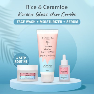 GLAMVEDA Korean Glass Skin Rice & Ceramide 3 Step Daily Skincare Routine For Women | (Face Wash + Moisturizer + Serum )(3 Items in the set)