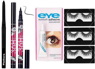 Plethora Waterproof Kajal Pencil & 36 H Liquid Eyeliner & 3 Pair Of False Eyelashes & Eye Glue(6 Items in the set)