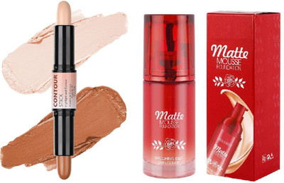 Neycare liquid foundation full coverage with 2 in 1 contur & highlighter stick easy to use all skin type(2 Items in the set)