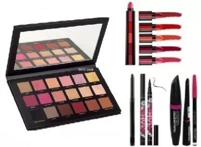 Girls Look Rosegold Edition Eyeshadow Palette with 5 shades Lipstick with 36H Liquid Eyeliner, Smudge Proof kajal and 3in1 Mascara combo(7 Items in the set)