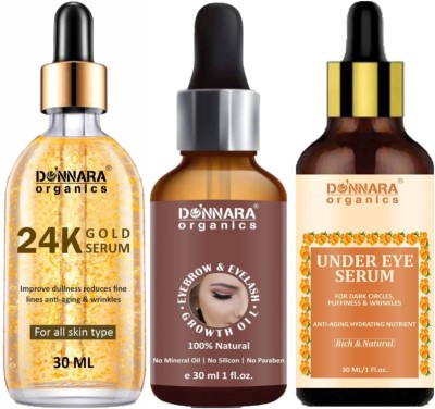 Donnara Organics 24K Gold Face Serum and Eyebrow & Eyelash Growthing Oil and Under Eye Serum (Each, 30ml)(3 Items in the set)