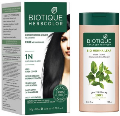 BIOTIQUE Conditioning Hair Color 1N Natural Black & Henna Leaf Shampoo 180 ML  (2 Items in the set)