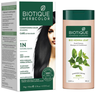 BIOTIQUE Conditioning Hair Color 1N Natural Black & Henna Leaf Shampoo 180 ML (2 Items in the set)