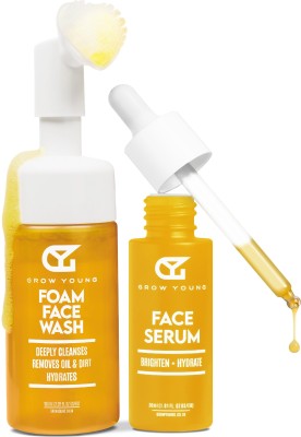 Grow Young Daily Care Combo: Enriched with Turmeric & Aloe Vera | Foaming Cleanser & Glowing Vitamin C Serum | Clear, Bright, Youthful Skin(2 Items in the set)