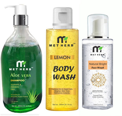 Metherb Aloe Vera Shampoo 300ml & Lemon Body Wash -200ml l & Natural Bright Face Wash -100ml (combo pack)(3 Items in the set)