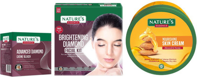 Nature's Diamond Cream Bleach (21g) Brightening Diamond Facial Kit (60g) Nourishing Skin Cream Almond & Honey (400ml)(3 Items in the set)