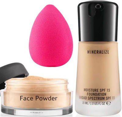 LOVE HUDA Professional Combo Waterproof Skin Base Foundation Loose Compact Face Powder With Makeup Blender(3 Items in the set)