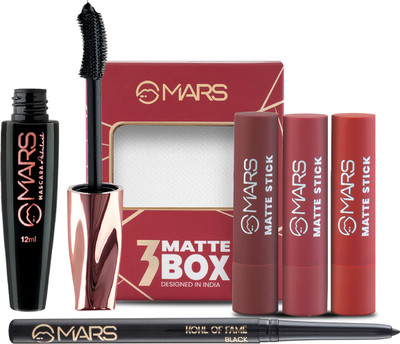MARS Combo Of Red and Maroon Matte Lipstick Box With Ultra Curl Long Lasting Fabulash Mascara and Smudge Proof Kajal(3 Items in the set)