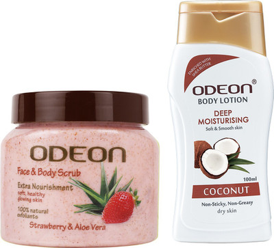 ODEON Deep Moisturizing Coconut Body Lotion, with Strawberry & Aloe Vera Face and Body Scrub(2 Items in the set)