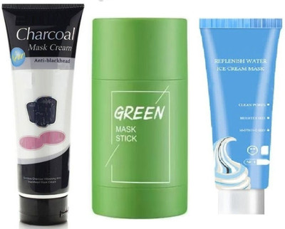 GABBU Face mask Combo pack of 3 charcoal mask & ice cream mask & Green stick mask(3 Items in the set)