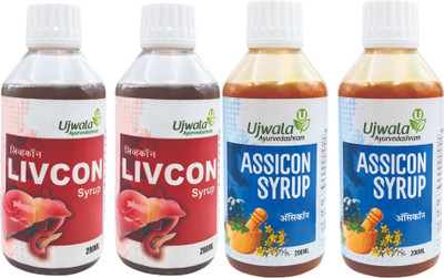 UJWALA AYURVEDASHRAM Livcon and Assicon Combi pack I Health & Weight Gain Syrup(4 Items in the set)
