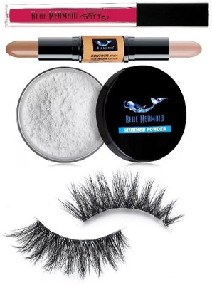 BLUEMERMAID BEST PINK MATTE LIPSTICK SILVER HIGHLIGHTER 2 IN 1 CONTOUR STICK & 3D EYELASHES COMBO KIT(4 Items in the set)