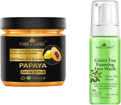 PARK DANIEL Papaya Scrub & Green Tea Face Wash For Blackheads Removal Combo Pack of 2 (250 ML)(2 Items in the set)
