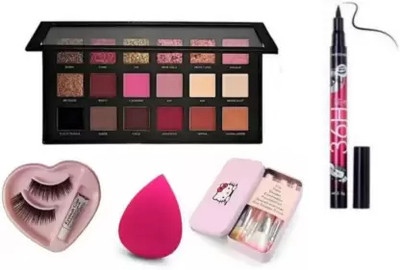 HITAN Rose gold eye shadow palette & Heart shape eyelash with glue & 7 PC Pink mini makeup brush & 36H eyeliner & puff(11 Items in the set)