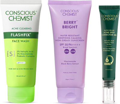 Conscious Chemist Anti-Acne Combo | Face Wash + Sunscreen + Spot Corrector | Clear Skin & Sun Protection Kit(3 Items in the set)