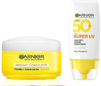 GARNIER SPF 50 PA+++ for UVA/B Invisible Serum Sunscreen for Broad Spectrum with No White Cast + Vitamin C Serum UV Cream-45g(2 Items in the set)