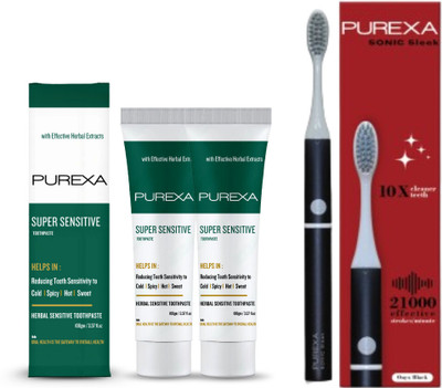 PUREXA Combo Pack of 2 Sensitive Toothpaste For Sensitivity & 1 Electric Toothbrush (Red) soft bristles & Aluminium Body & sleek design(3 Items in the set)