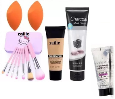 Zailie 7 Pc Makeup Brush ,2 Blender Puff ,charcoal Mask ,foundation /Face Primer(12 Items in the set)