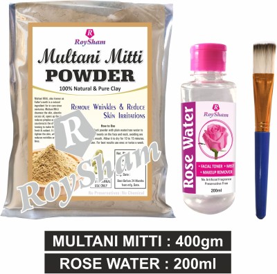 RoySham Multani Mitti Powder for Skin, Face, Hair (400g), Rose Water 200ml & Brush(3 Items in the set)