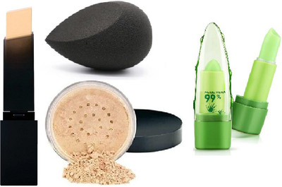 KAIASHA ALOE VERA COLOR CHANGING LIP BALM 1 MATTE FINISH FOUNDATION STICK 1 1 aloe Vera lip balm 1 blender(4 Items in the set)