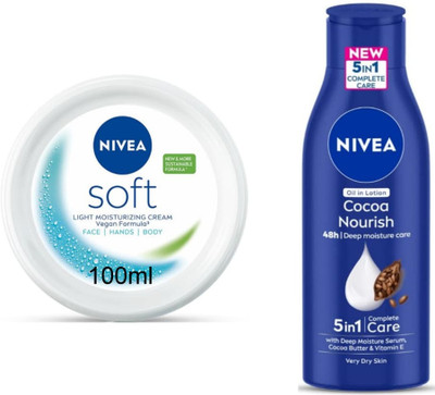 NIVEA Cocoa Nourish Lotion 200ml & Soft Light Moisturizer Cream 100ml (Pack of 2)(300 ml)