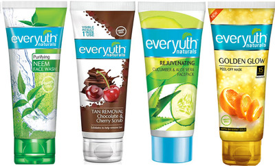 Everyuth Naturals Purifying Neem Face Wash, Tan Removal Scrub, Cucumber Face Pack, Golden Glow Peel off Mask (4X50g)(4 Items in the set)
