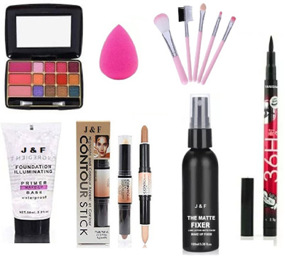 J & F 15 Clr Eyeshadow,Primer,Fixer,Contour,Puff,5 Pc Brush,Eyeliner(7 Items in the set)