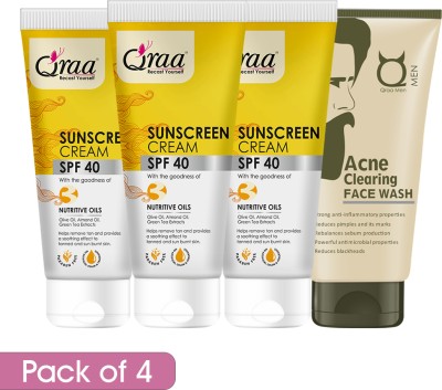 Qraa Sunscreen Cream SPF 40 PA++++ 300gm With Acne Clearing Face Wash 100gm |Helps Remove Tan(4 Items in the set)