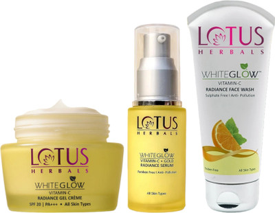 LOTUS HERBALS WhiteGlow Vitamin-Facewash 50g,WhiteGlow VITAMIN-C + SERUM 30ml,WhiteGlow Vitamin Gel Creme SPF 20 PA+++35g(3 Items in the set)