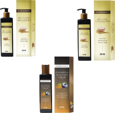 HERBAGRACE Kit Fenugreek & Black Seed Oil, Rice Water Shampoo and Rice Water Conditioner 200ml Each(3 Items in the set)
