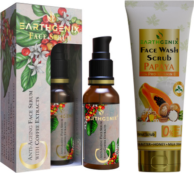 Earthgenix Anti Ageing Face Serum with Coffee Extracts 15ml & Papaya Face Wash Scrub 50ml(2 Items in the set)