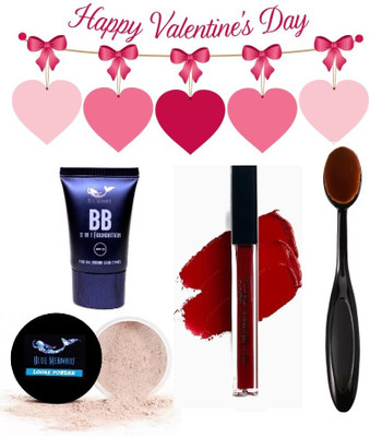 BLUEMERMAID SET OF WATERPROOF FOUNDATION+LOOSE POWDER+LIPSTICK+FOUNDATION BRUSH FOR MAKEUP(4 Items in the set)