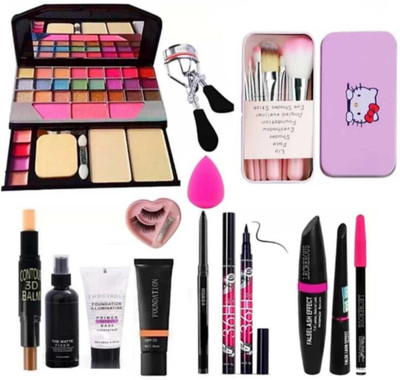 mkldsrh 6155 make up kit with brush beauty blender curler eyelash contour primer fixer foundation 36 h kajal eyeliners mascara(12 Items in the set)