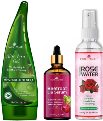 PARK DANIEL Multipurpose Aloe Vera Gel 130m, Beetroot Lip Serum 30ml & Rose Water 100ml(3 Items in the set)