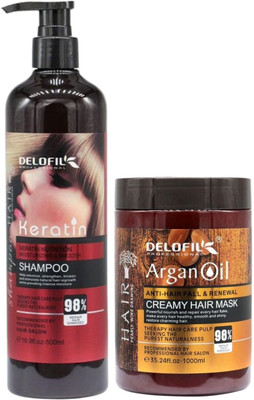 DELOFIL PROFESSIONAL Keratin Conditioner & Argan Oil Shampoo (500ml) Combo(2 Items in the set)