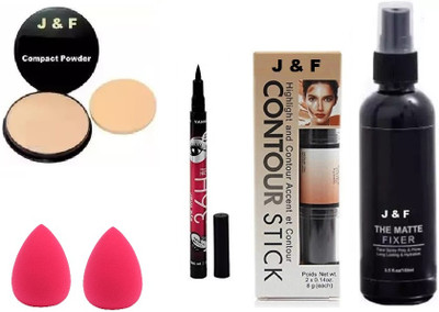 J & F Compact Powder, Eyeliner, Blender Puff(2), Fixer, Contour Stick(6 Items in the set)