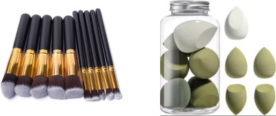 Lusty soul Makeup Brushes -Set of 10 Pieces (Black) & Blender Sponge 5 Pcs in A jar Storage(15 Items in the set)