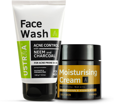 USTRAA Moisturising Cream for Oily Skin - 100 g & Face Wash Acne Control - With Neem & Charcoal - 100 g(2 Items in the set)