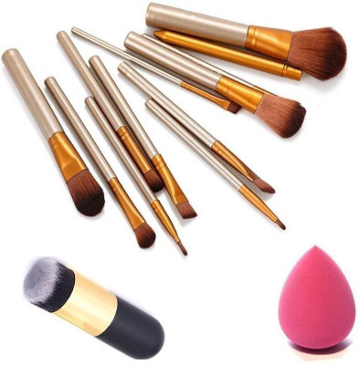 Rsentera Makeup Brush Set of 12 with Tin Box with Sponge Puff and foundation brush(14 Items in the set)