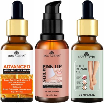 Bon Austin Advance Vitamin-C Serum & Pink Lip Serum & Foot Repair Oil (Each,30ml) Combo Pack(3 Items in the set)